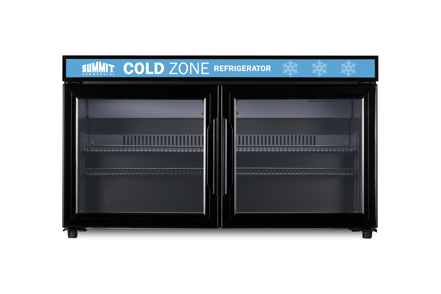 Countertop, shallow depth single-zone commercial refrigerator for freestanding use with French glass doors, black cabinet, digital controls, and LED lighting